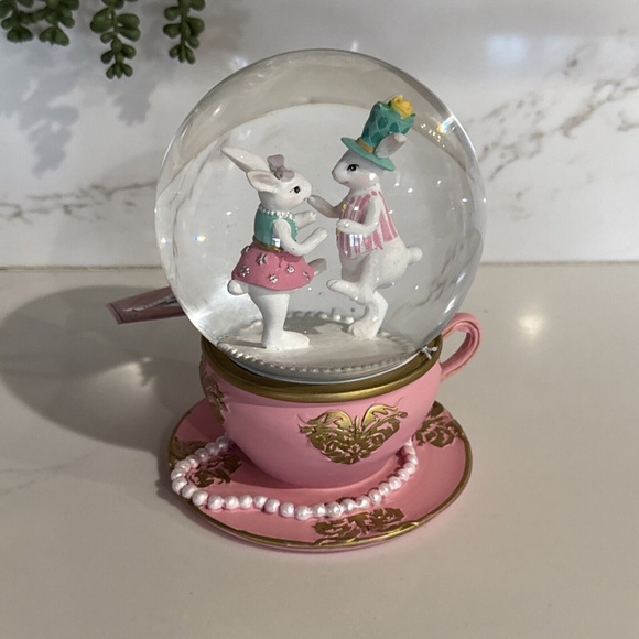 Pink Tea Cup & Saucer Easter Rabbit Snow Globe - Picture 2 of 4